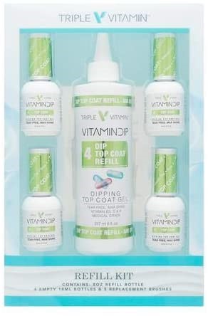Triple Vitamin Dip Top Coat Refill Kit 8 oz + 4 Empty 0.6 oz Bottles